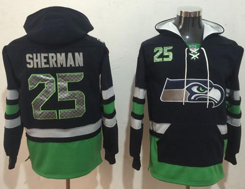 Nike Seahawks #25 Richard Sherman Navy Blue/Green Name & Number Pullover NFL Hoodie - Click Image to Close